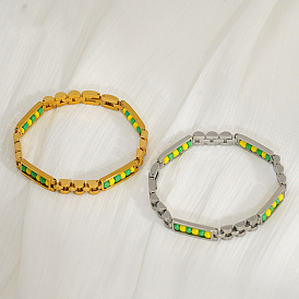 304 Pulseras de cadena rectangular con eslabones de acero inoxidable y cuentas de plástico para hombre, verde y amarillo