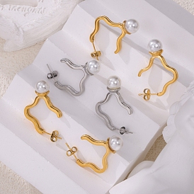 Titanium Steel Stud Earrings, with Imitation Pearlm for Women