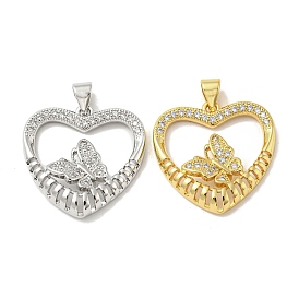 Pack Plating Brass Micro Pave Cubic Zirconia Pendants, Long-Lasting Plated, Lead Free & Cadmium Free, Heart with Butterfly Charms