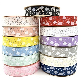 Silver Hot Stamping Cloud Moon Star Pattern Polyester Grosgrain Ribbons, for Hair Bowknots, Gift Packaging Decoration