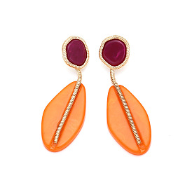 Плоские круглые с овальными подвесками серьги-гвоздики из цинкового сплава и смолы, золотые