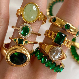 18K Gold Stainless Steel Inlaid Green Zircon Ring - Fashionable and Versatile.
