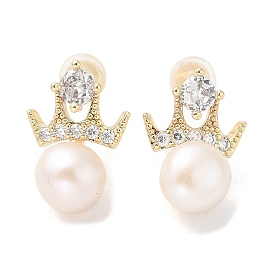 Natural Pearl Ear Studs, with Brass Micro Pave Clear Cubic Zirconia Findings and 925 Sterling Silver Pins, Round