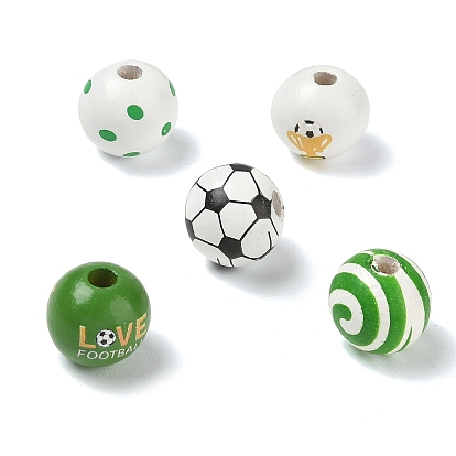 Wood European Beads, Round with Football Pattern, Large Hole Beads
