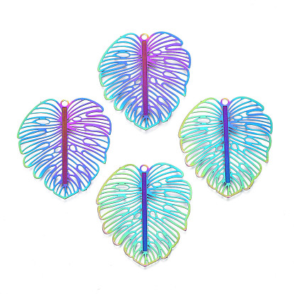 Ion Plating(IP) 304 Stainless Steel Filigree Pendants, Etched Metal Embellishments, Leaf