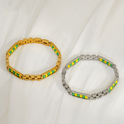 304 Pulseras de cadena rectangular con eslabones de acero inoxidable y cuentas de plástico para hombre, verde y amarillo