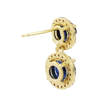 Blue Glass Oval Dangle Stud Earrings with Cubic Zirconia, Brass Jewelry for Women, Nickel Free