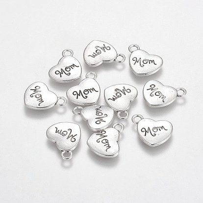Mother's Day Theme, Tibetan Style Heart Alloy Pendants, with Word Mom, Cadmium Free & Lead Free, 18x15x3mm, Hole: 3mm, about 208pcs/500g