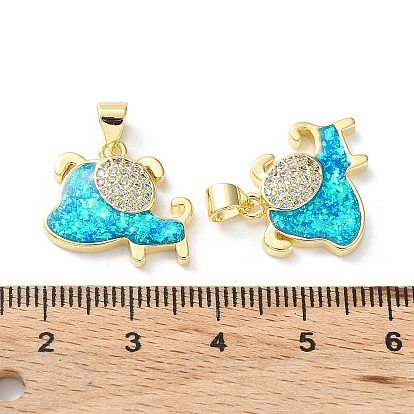Rack Plating Brass Micro Pave Cubic Zirconia Pendants, Synthetic Opal Dog Charms with Snap on Bail, Cadmium Free & Lead Free, Long-Lasting Plated, Real 18K Gold Plated