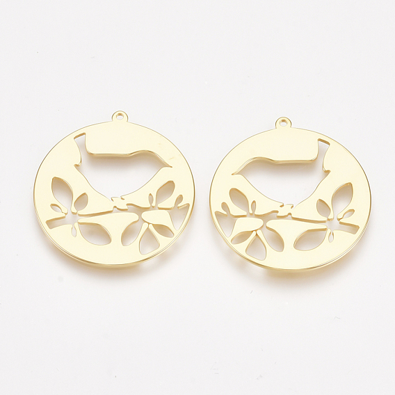 Brass Pendants, Nickel Free, Real 18K Gold Plated, Flat Round with Bird