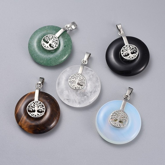 Gemstone Pendants, with Platinum Tone Brass Findings, Donut/Pi Disc with Tree of Life