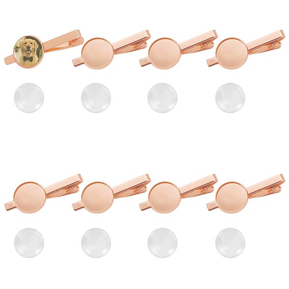 8Pcs Brass Tie Clip Cabochon Settings, Flat Round, with 8Pcs Transparent Glass Cabochons
