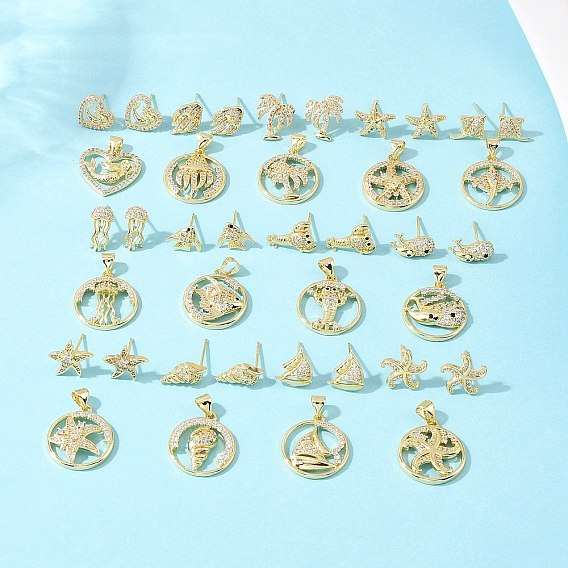 Комплект из латунного кулона и серег-гвоздиков с микропаве из кубических цирконий для женщин, реальный 18 k позолоченный