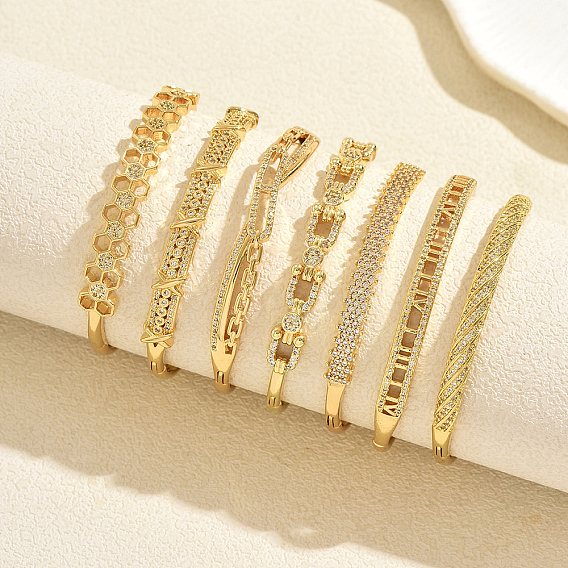 Brass Micro Pave Clear Cubic Zirconia Hinged Cuff Bangles for Women, Golden