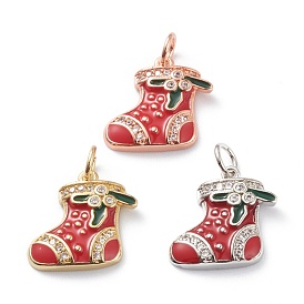 Brass Micro Pave Clear Cubic Zirconia Pendants, with Red & Green Enamel & Jump Rings, Long-Lasting Plated, For Christmas, Stocking