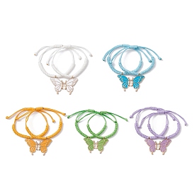 2Pcs Alloy Enamel Butterfly Charm Bracelets Set, Adjustable Braided Couple Bracelets