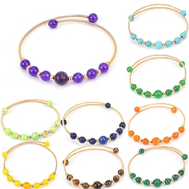 Bracelet manchette en perles rondes en pierres mélangées naturelles et synthétiques, bracelets en fil de laiton doré