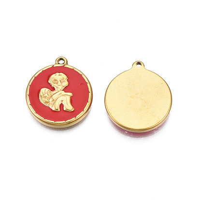 304 acier inoxydable émail pendentifs, réel 18 k plaqué or, plat rond avec l'ange