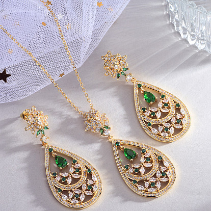 Green Floral Zircon Long Earrings with Drop Pendant for Chic Women's Fashion Jewelry