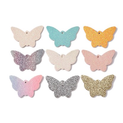 Pendentifs en cuir pu, avec poudre scintillante double face, papillon