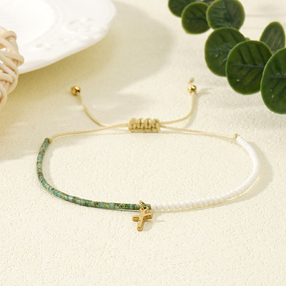 Geflochtene Perlenarmbänder aus Glasperlen im Bohème-Stil, Edelstahl-Kreuz-Charm-Schmuck für Frauen