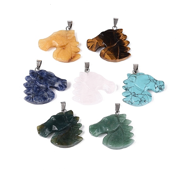 Natural & Synthetic Mixed Stone Carved Pendants, Horse Charms with Brass Snap on Bails, Stainless Steel Color