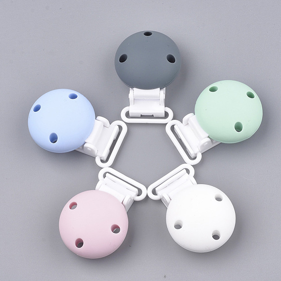 Food Grade Eco-Friendly Silicone Baby Pacifier Holder Clips, with PP Plastic, Half Round, Stainless Steel Color