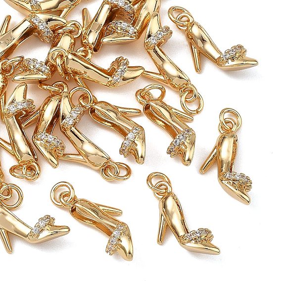 SHEGRACE Brass Pave Clear Cubic Zirconia Charms, High-heeled Shoes Charms, Cadmium Free & Nickel Free & Lead Free, Long-Lasting Plated