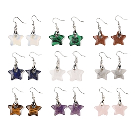 Natutal & Synthetic Gemstone Dangle Earrings, with Rack Plating Brass Earring Hooks, Lead Free & Cadmium Free, Star