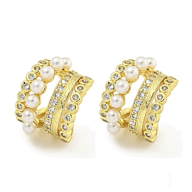 Brass Micro Pave Clear Cubic Zirconia Cuff Earrings, with ABS Imitation Pearl for Women