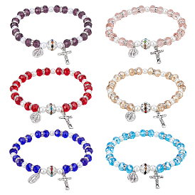 6шт. 6 цвета стеклянные и акриловые искусственные жемчужные бусины набор тянущихся браслетов, браслеты с подвесками из сплава в форме креста и овала