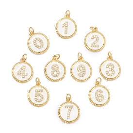 Brass Micro Pave Clear Cubic Zirconia Charms, Long-Lasting Plated, with Jump Rings and White Enamel, Flat Round with Number, Real 18K Gold Plated