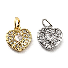 Brass Micro Pave Clear Cubic Zirconia Charms, with Jump Rings, Cadmium Free & Lead Free, Heart
