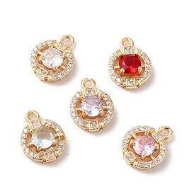 Brass Micro Pave Cubic Zirconia Charms, with Glass, Flat Round, Golden