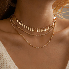 Minimalist Multi-layered Twisted Chain Necklace with Circle and Teardrop Pendants