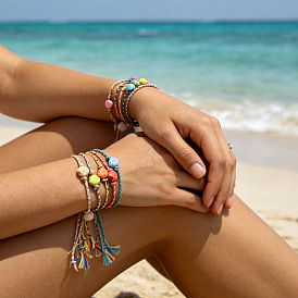 10 Stück 10 Farben Boho handgefertigte Porzellan-Muschel-Armbandsets mit verstellbarem, geflochtenem Baumwollband für Damen