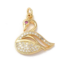 Rack Plating Brass Micro Pave Cubic Zirconia Pendants, Long-Lasting Plated, Lead Free & Cadmium Free, Swan Charms