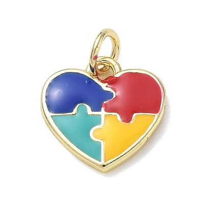 Brass with Enamel Charms, Puzzle Heart Charms, Golden