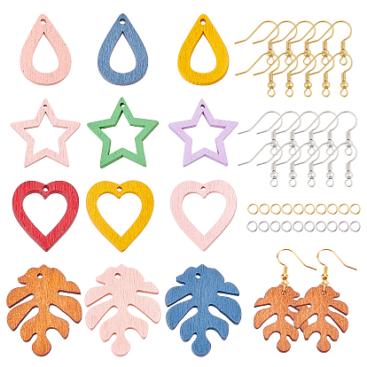 Наборы для изготовления сережек diy, 120 кулоны из дерева с росписью из тополя в виде сердца, листьев, слезинок и звезд., латунные крючки для серьги и железные кольца