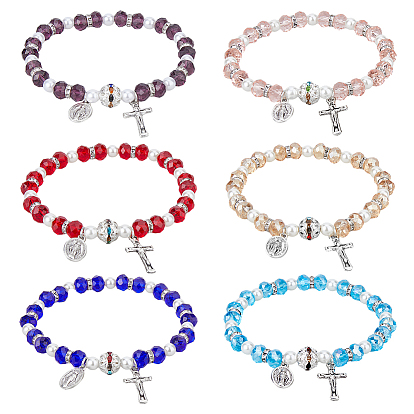 6шт. 6 цвета стеклянные и акриловые искусственные жемчужные бусины набор тянущихся браслетов, браслеты с подвесками из сплава в форме креста и овала