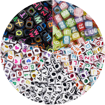 2000шт 6 стили прозрачные и непрозрачные акриловые бусины, горизонтальное отверстие, куб с буквой/цифрой/сердцем