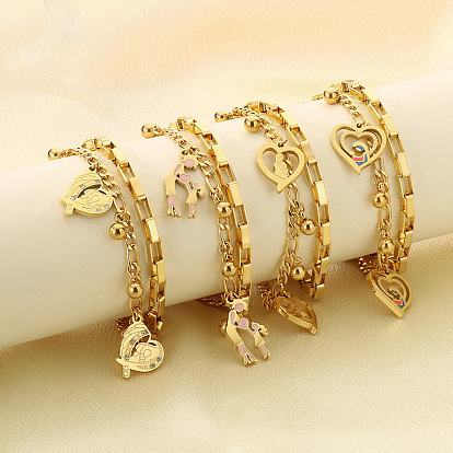 День матери 304 Браслеты из нержавеющей стали с цепочками Фигаро и коробчатой цепочкой, двухслойные, браслеты с подвесками для женщин, золотые