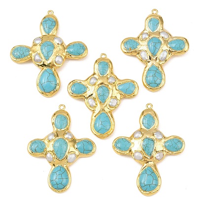 Большие подвески из окрашенной синтетической бирюзы и натурального жемчуга, с латунной фурнитурой , крест прелести