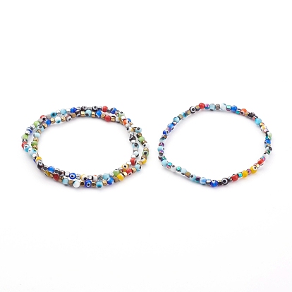 Colorful Evil Eye Lampwork Stretch Beaded Bracelets Sets, with Electroplate Non-magnetic Synthetic Hematite Beads, Round & Cube