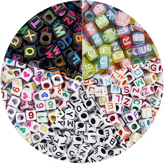 2000шт 6 стили прозрачные и непрозрачные акриловые бусины, горизонтальное отверстие, куб с буквой/цифрой/сердцем