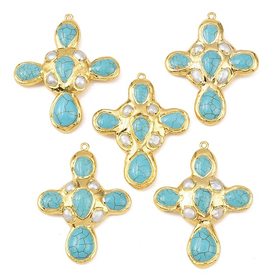 Большие подвески из окрашенной синтетической бирюзы и натурального жемчуга, с латунной фурнитурой , крест прелести