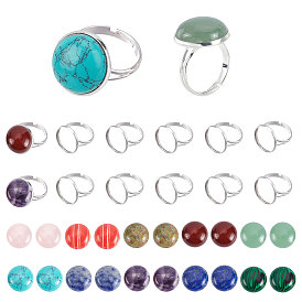 PandaHall Elite DIY 20 Pcs Finger Ring Kits, Including Adjustable Brass Finger Rings Components, Natural & Synthetic Gemstone Cabochons, Flat Round