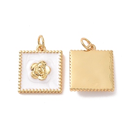 Square with Flower Pattern Brass Enamel Pendants, with Jump Rings, Cadmium Free & Nickel Free & Lead Free, Real 18K Gold Plated