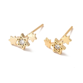 Clear Cubic Zirconia Triple Star Stud Earrings, Brass Jewelry for Women, Cadmium Free & Nickel Free & Lead Free