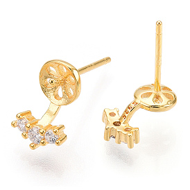 925 Sterling Silver Stud Earring Findings Micro Pave Cubic Zirconia, for Half Drilled Beads, with S925 Stamp, Crown